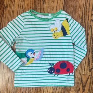 Mini Boden Girls Green Striped Long-Sleeve Top with Bug Appliqués 6-7Y